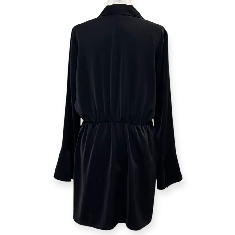 Abercrombie & Fitch Black Satin Knot‐Front Shirt Dress L | Long Sleeve Collared - Picture 2 of 10